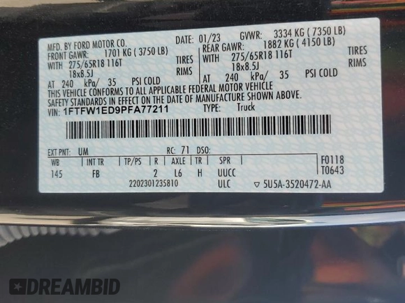 2023 Ford F-150 XL z VIN 1FTFW1ED9PFA77211, wystawiony jako Copart lot #54770075 z przebiegiem 82 712 mil mil oraz Szkoda całkowita • Salvage title. Historia ofert i sprzedaży dostępna na DreamBid. Obrazek 13.
