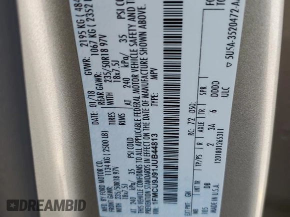 2018 Ford Escape Titanium with VIN 1FMCU9J91JUB44813, listed as a Copart auction lot 59920265 with 63,008 mi miles and Salvage title. Bid and sale history available at DreamBid. Image 13.