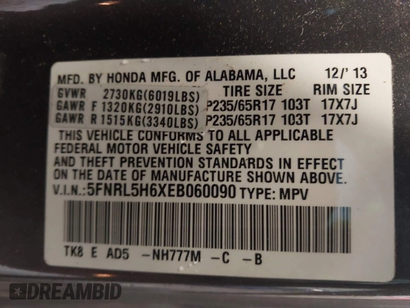 2014 Honda Odyssey EX-L with VIN 5FNRL5H6XEB060090, listed as a IAAI auction lot 41625571 with 112,762 mi miles and . Bid and sale history available at carsss.com. Image 9.