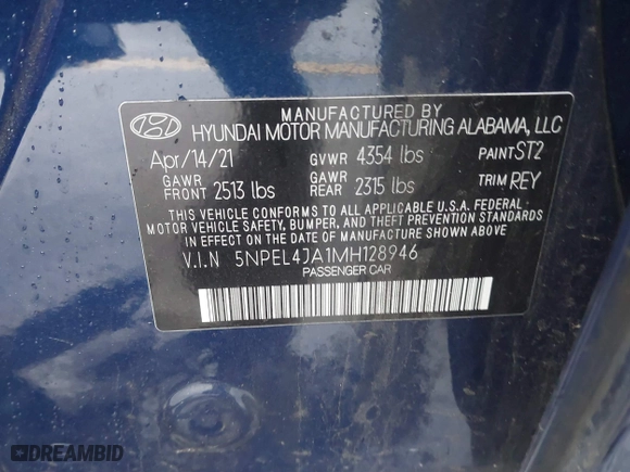 2021 Hyundai Sonata SEL with VIN 5NPEL4JA1MH128946, listed as a IAAI auction lot 41607843 with 1 mi miles. Bid and sale history available at carsss.com. Image 9.