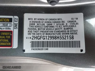 2008 Honda Civic Cpe EX-L with VIN 2HGFG12998H552158, listed as a IAAI auction lot 41636985 with 143,337 mi miles. Bid and sale history available at carsss.com. Image 9.