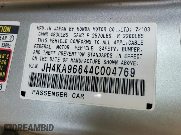 2004 Acura RL w/Navigation System z VIN JH4KA96644C004769, wystawiony jako Copart lot #59800205 z przebiegiem 172 279 mil mil oraz Szkoda całkowita • Salvage title. Historia ofert i sprzedaży dostępna na DreamBid. Obrazek 12.