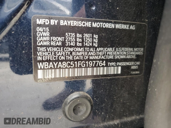 2015 BMW 7 Series 750i z VIN WBAYA8C51FG197764, wystawiony jako Copart lot #67095554 z przebiegiem 167 458 mil mil oraz Szkoda całkowita • Salvage title. Historia ofert i sprzedaży dostępna na DreamBid. Obrazek 12.