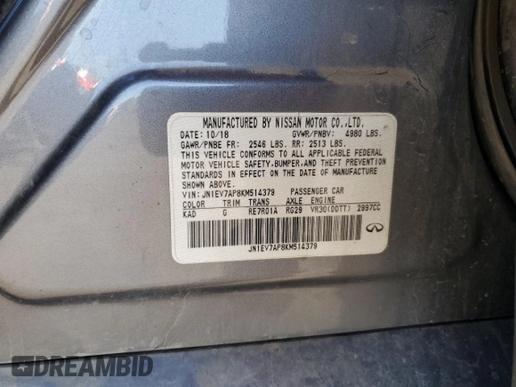 2019 Infiniti Q50 Luxe with VIN JN1EV7AP8KM514379, listed as a Copart auction lot 46948985 with 103,756 mi miles and Salvage title. Bid and sale history available at DreamBid. Image 14.