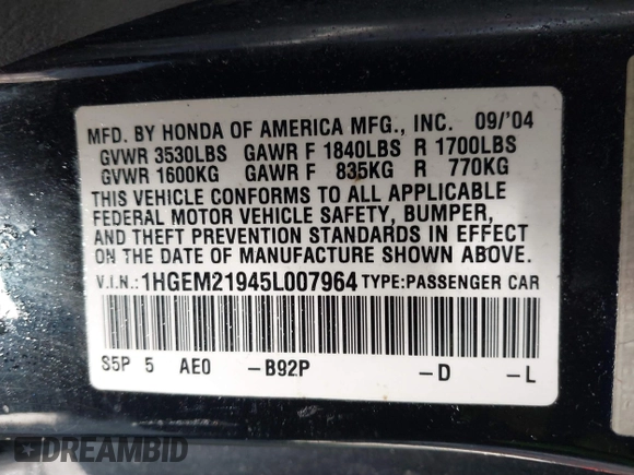 2005 Honda Civic EX with VIN 1HGEM21945L007964, listed as a IAAI auction lot 41393867 with 200,000 mi miles. Bid and sale history available at carsss.com. Image 9.