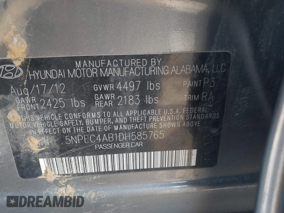 2013 Hyundai Sonata Limited with VIN 5NPEC4AB1DH585765, listed as a IAAI auction lot 42000032 with 179,490 mi miles and . Bid and sale history available at DreamBid. Image 9.
