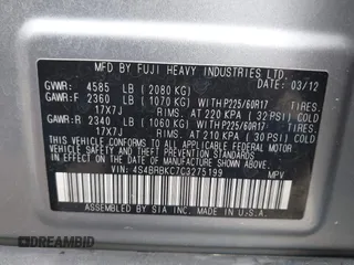 2012 Subaru Outback 2.5i Limited with VIN 4S4BRBKC7C3275199, listed as a IAAI auction lot 41970867 with 173,921 mi miles. Bid and sale history available at carsss.com. Image 9.
