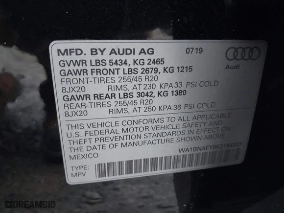 2019 Audi Q5 Premium Plus with VIN WA1BNAFY9K2144323, listed as a IAAI auction lot 41262761 with 71,979 mi miles. Bid and sale history available at carsss.com. Image 9.
