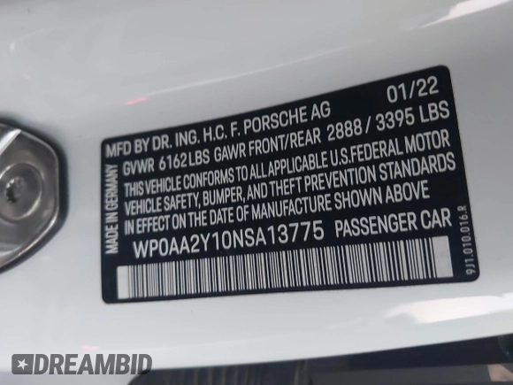 2022 Porsche Taycan with VIN WP0AA2Y10NSA13775, listed as a IAAI auction lot 40645854 with 19,149 mi miles and . Bid and sale history available at DreamBid. Image 9.
