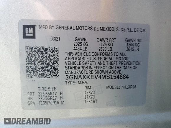 2021 Chevrolet Equinox LT with VIN 3GNAXKEV4MS154684, listed as a Copart auction lot 50693285 with 34,312 mi miles and Salvage Title. Bid and sale history available at DreamBid. Image 15.