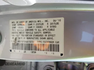 2010 Honda Accord LX with VIN 1HGCP2F3XAA132721, listed as a IAAI auction lot 42572674 with Not provided miles and . Bid and sale history available at DreamBid. Image 9.