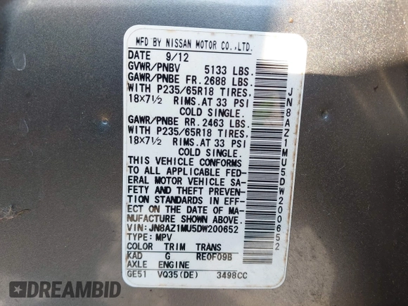 2013 Nissan Murano SV with VIN JN8AZ1MU5DW200652, listed as a IAAI auction lot 42576768 with 187,190 mi miles and . Bid and sale history available at DreamBid. Image 9.