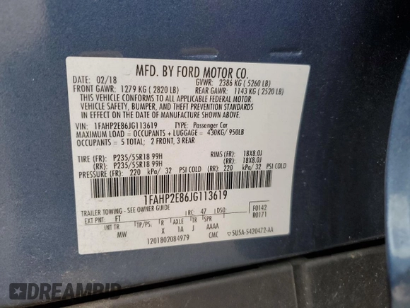 2018 Ford Taurus SEL with VIN 1FAHP2E86JG113619, listed as a Copart auction lot 45817945 with 120,650 mi miles and Salvage Title. Bid and sale history available at DreamBid. Image 12.