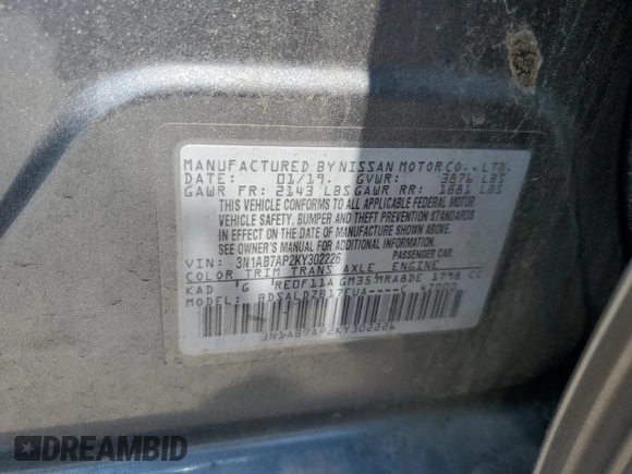 2019 Nissan Sentra S with VIN 3N1AB7AP2KY302226, listed as a Copart auction lot 60117335 with 99,116 mi miles and Salvage title. Bid and sale history available at DreamBid. Image 12.
