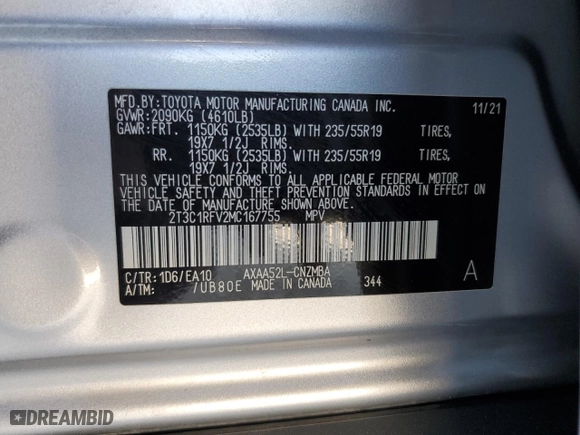2021 Toyota RAV4 XLE Premium with VIN 2T3C1RFV2MC167755, listed as a Copart auction lot 43845355 with 32,343 mi miles and Salvage Title. Bid and sale history available at carsss.com. Image 13.