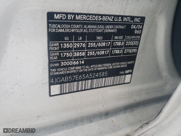 2005 Mercedes-Benz M-Class 3.7L with VIN 4JGAB57E65A524585, listed as a Copart auction lot 89055505 with 158,030 mi miles and Salvage Title. Bid and sale history available at carsss.com. Image 13.