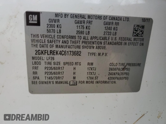 2012 GMC Terrain SLE-1 with VIN 2GKFLREK4C6173682, listed as a Copart auction lot 61634895 with 154,887 mi miles and Salvage title. Bid and sale history available at DreamBid. Image 14.
