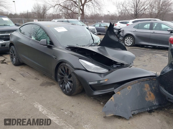 2023 Tesla Model 3 Performance with VIN 5YJ3E1ECXPF595295, listed as a IAAI auction lot 41501111 with 1 mi miles. Bid and sale history available at carsss.com. Image 1.