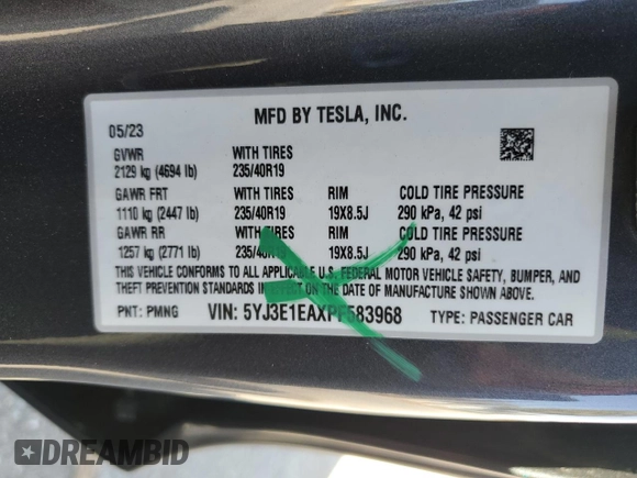 2023 Tesla Model 3 z VIN 5YJ3E1EAXPF583968, wystawiony jako Copart lot #63994085 z przebiegiem 23 723 mil mil oraz Szkoda całkowita • Salvage title. Historia ofert i sprzedaży dostępna na DreamBid. Obrazek 12.