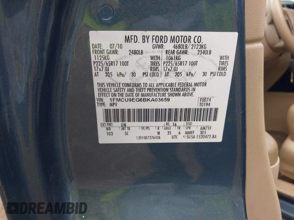 2011 Ford Escape Limited with VIN 1FMCU9EG6BKA03659, listed as a IAAI auction lot 42198500 with 138,475 mi miles and . Bid and sale history available at DreamBid. Image 9.