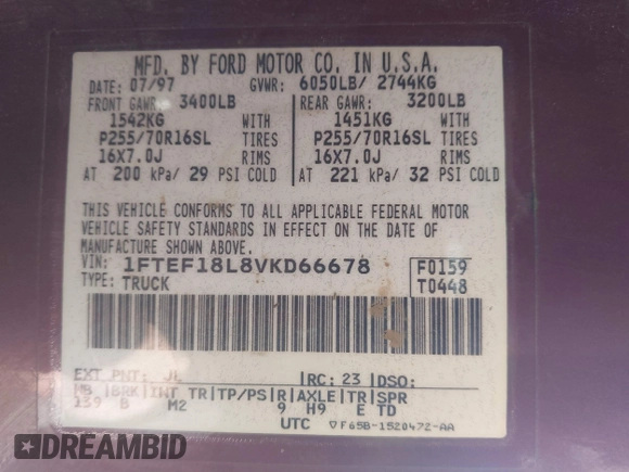 1997 Ford F-150 with VIN 1FTEF18L8VKD66678, listed as a IAAI auction lot 41688874 with 126,145 mi miles and . Bid and sale history available at DreamBid. Image 9.