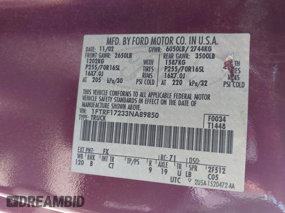 2003 Ford F-150 XL with VIN 1FTRF17233NA89850, listed as a IAAI auction lot 42693355 with 271,090 mi miles and . Bid and sale history available at DreamBid. Image 9.