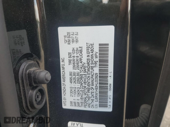 2017 Honda CR-V Touring with VIN 5J6RW1H93HL003929, listed as a Copart auction lot 53295705 with 67,097 mi miles and Salvage Title. Bid and sale history available at carsss.com. Image 13.