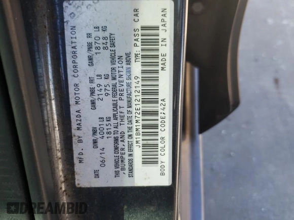 2014 Mazda 3 i Grand Touring with VIN JM1BM1M72E1212149, listed as a Copart auction lot 75026484 with 144,027 mi miles and Salvage Title. Bid and sale history available at DreamBid. Image 12.