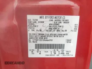 2005 Ford F-150 XL with VIN 1FTRF12215NA64701, listed as a IAAI auction lot 42772111 with 167,438 mi miles and . Bid and sale history available at DreamBid. Image 9.