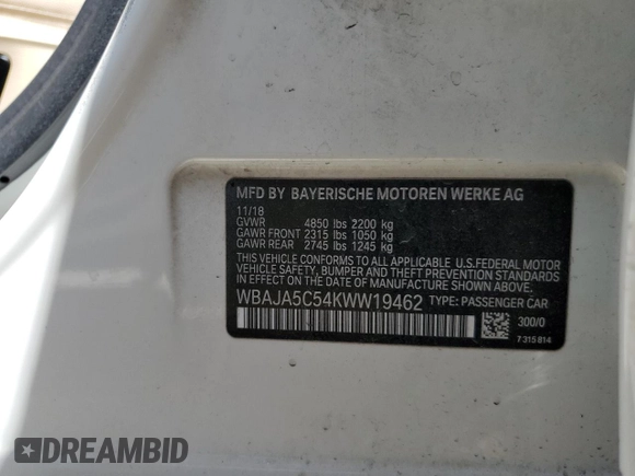 2019 BMW 5 Series 530i with VIN WBAJA5C54KWW19462, listed as a Copart auction lot 50381725 with 119,509 mi miles and Salvage Title. Bid and sale history available at DreamBid. Image 12.
