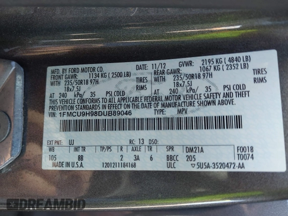 2013 Ford Escape SEL with VIN 1FMCU9H98DUB89046, listed as a IAAI auction lot 41794795 with 89,819 mi miles and . Bid and sale history available at DreamBid. Image 9.