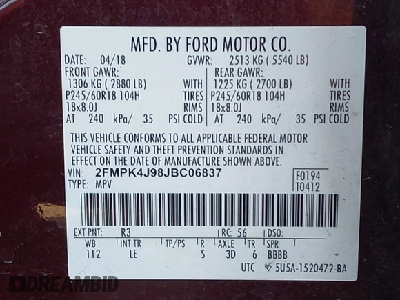 2018 Ford Edge SEL with VIN 2FMPK4J98JBC06837, listed as a IAAI auction lot 41570538 with 117,839 mi miles. Bid and sale history available at carsss.com. Image 9.