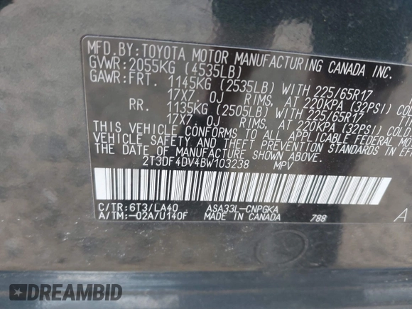 2011 Toyota RAV4 Ltd with VIN 2T3DF4DV4BW103238, listed as a IAAI auction lot 42056196 with 175,703 mi miles. Bid and sale history available at carsss.com. Image 9.