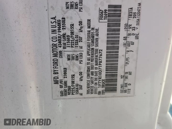 2001 Ford Ranger XL z VIN 1FTYR10D71PB77672, wystawiony jako Copart lot #56221145 z przebiegiem 267 375 mil mil oraz Nie do naprawy • Non repairable. Historia ofert i sprzedaży dostępna na DreamBid. Obrazek 14.