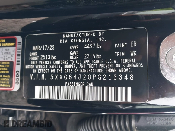 2023 Kia K5 GT-Line z VIN 5XXG64J20PG213348, wystawiony jako IAAI lot #42333459 z przebiegiem 34 392 mil mil oraz . Historia ofert i sprzedaży dostępna na DreamBid. Obrazek 9.