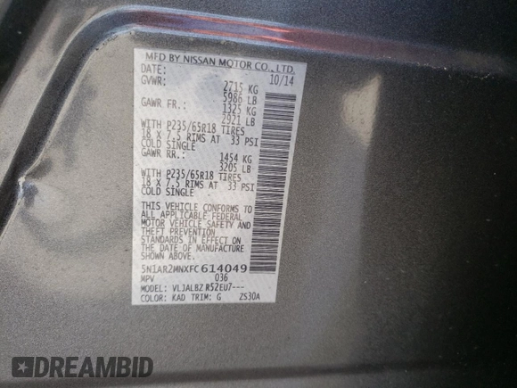 2015 Nissan Pathfinder SL with VIN 5N1AR2MNXFC614049, listed as a Copart auction lot 62547595 with 148,375 mi miles and Salvage title. Bid and sale history available at DreamBid. Image 13.