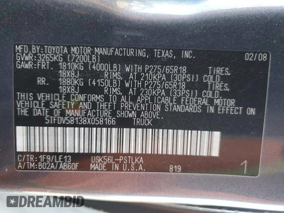 2008 Toyota Tundra Limited with VIN 5TFDV58138X058166, listed as a Copart auction lot 60151725 with 220,990 mi miles and Clean title. Bid and sale history available at DreamBid. Image 12.