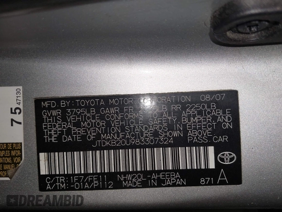 2008 Toyota Prius with VIN JTDKB20U983307324, listed as a IAAI auction lot 42383980 with 193,311 mi miles and . Bid and sale history available at DreamBid. Image 9.