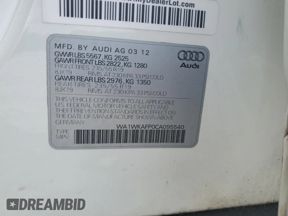 2012 Audi Q5 Prestige с VIN WA1WKAFP0CA095540, выставлен на аукционе Copart как лот 56668945 с пробегом 69 378 миль миль и Списание • Salvage title. История ставок и продаж доступна на DreamBid. Изображение 13.