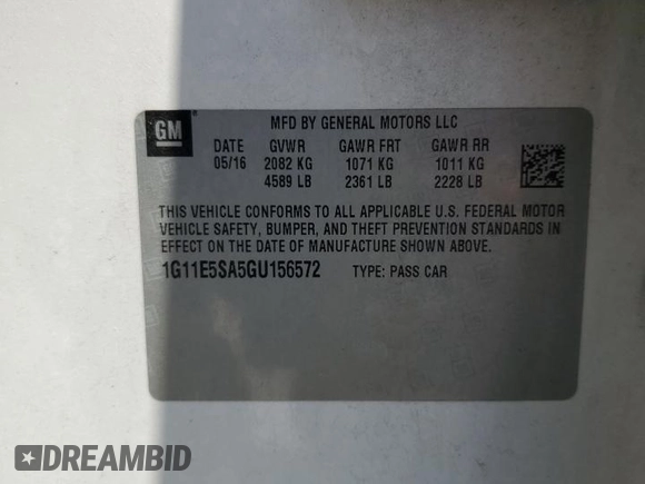 2016 Chevrolet Malibu LTZ with VIN 1G11E5SA5GU156572, listed as a Copart auction lot 56188015 with 164,999 mi miles and Salvage Title. Bid and sale history available at DreamBid. Image 12.
