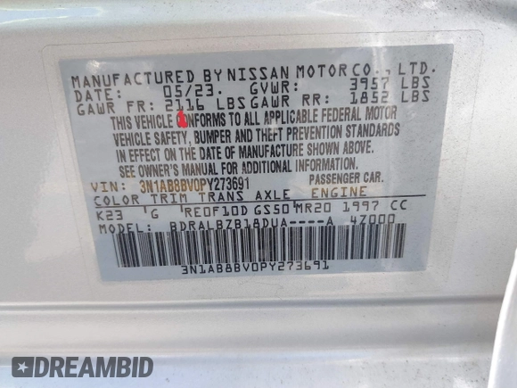 2023 Nissan Sentra S with VIN 3N1AB8BV0PY273691, listed as a IAAI auction lot 41729906 with 21,572 mi miles and . Bid and sale history available at DreamBid. Image 9.