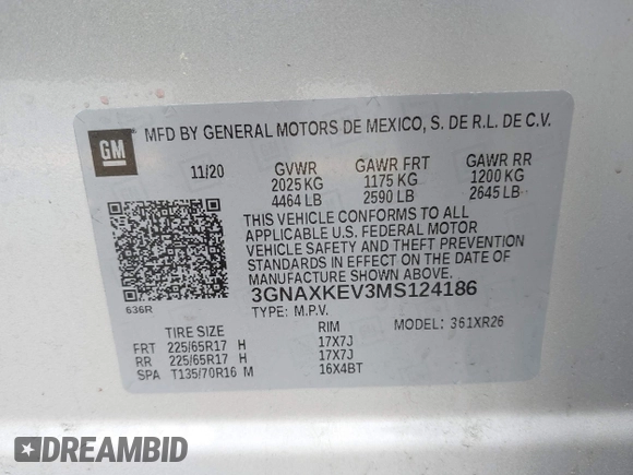 2021 Chevrolet Equinox LT with VIN 3GNAXKEV3MS124186, listed as a IAAI auction lot 41940798 with 83,343 mi miles. Bid and sale history available at carsss.com. Image 9.