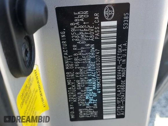 2011 Toyota Camry LE with VIN 4T1BK3EK5BU630747, listed as a Copart auction lot 52106855 with 169,891 mi miles and Salvage Title. Bid and sale history available at carsss.com. Image 12.