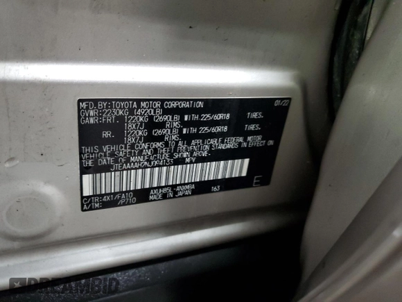 2022 Toyota Venza LE with VIN JTEAAAAH2NJ094133, listed as a Copart auction lot 61101714 with 47,223 mi miles and Salvage Title. Bid and sale history available at carsss.com. Image 12.