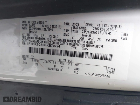 2023 Ford Transit Cargo с VIN 1FTBR1C86PKB70724, выставлен на аукционе IAAI как лот 42234731 с пробегом 30 264 миль миль и . История ставок и продаж доступна на DreamBid. Изображение 9.