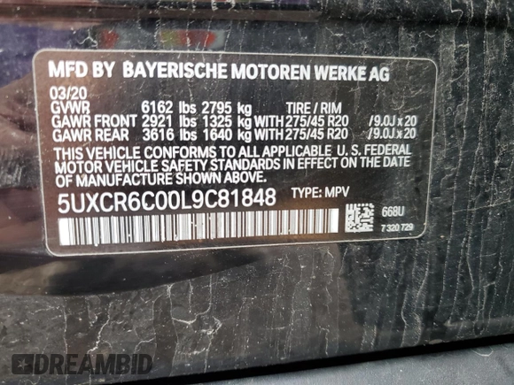 2020 BMW X5 xDrive40i with VIN 5UXCR6C00L9C81848, listed as a Copart auction lot 55946475 with Not provided miles and Non repairable. Bid and sale history available at DreamBid. Image 14.
