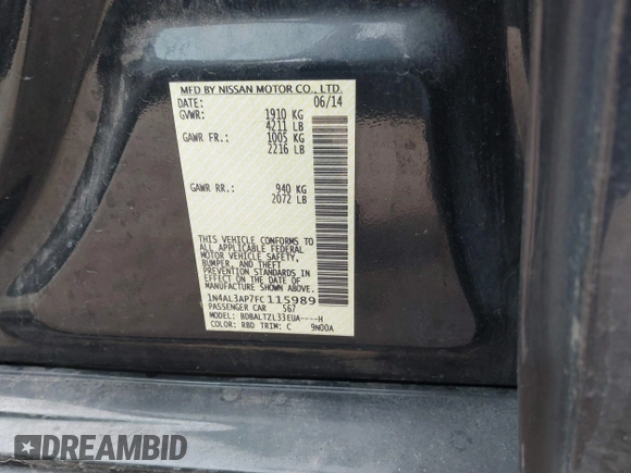 2015 Nissan Altima S with VIN 1N4AL3AP7FC115989, listed as a IAAI auction lot 41856189 with 151,088 mi miles and . Bid and sale history available at DreamBid. Image 9.