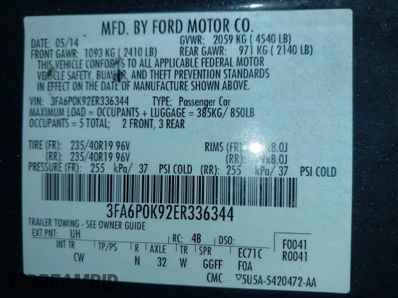 2014 Ford Fusion Titanium with VIN 3FA6P0K92ER336344, listed as a IAAI auction lot 41237225 with 178,169 mi miles. Bid and sale history available at carsss.com. Image 9.