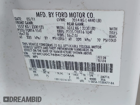 2011 Ford Escape XLS с VIN 1FMCU0C76BKC50856, выставлен на аукционе IAAI как лот 42371455 с пробегом 334 231 миль миль и . История ставок и продаж доступна на DreamBid. Изображение 9.