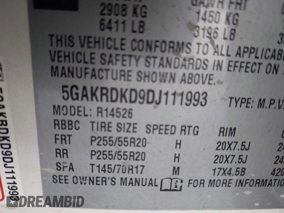 2013 Buick Enclave Premium with VIN 5GAKRDKD9DJ111993, listed as a IAAI auction lot 40916658 with 240,146 mi miles and . Bid and sale history available at DreamBid. Image 9.